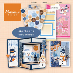 Übersicht passender Marianne-Design-Produkte 'Marleens Snowmen' mit Stickern, Papier und Beispielkarten