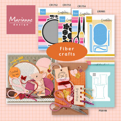 Marianne-Design-Übersicht Fiber Crafts mit CR1752, CR1753, CR1754, LR0985, PS8198 und zwei Beispielkarten