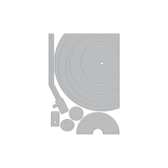 Uncolorierte Stanzformen des Sets: konzentrisch geritzte Schallplatte, Tonarm, Plattenteller-Element und kleine runde Bedienknöpfe.