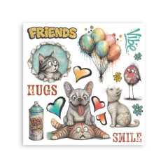 Rub-On-Bogen mit Bulldogge, Katzen, Ballons, Spraydose und Friends, Hugs, Smile