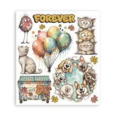 Rub-On-Bogen mit Ballons, Katzen, Hunden im Kreis, Müllcontainer und Schriftzug Forever