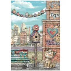 Stamperia Rice Paper - Furry Friends 2 - Nest, Cat and Birds by Antonis Tzanidakis