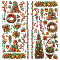 Zwei Laser-Cut-Bögen mit Elfen, Kränzen, Geschenkestapeln, Christbaum und Weihnachtsmann