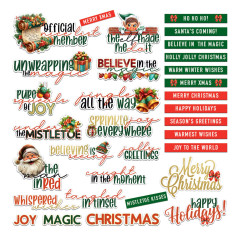Alle 32 Chipboard-Sprüche wie Official Nice List Member, Believe in the Magic, Ho Ho Ho und Happy Holidays