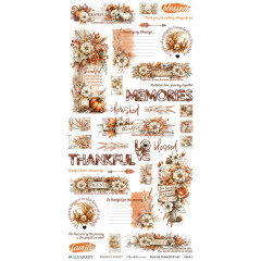 Rub-On-Bogen mit Herbstblumen-Bordüren und Sprüchen wie Memories, Thankful, Blessed und Family