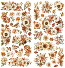 Zwei Laser-Cut-Bögen mit Rosen, Sonnenblumen, Spatzen, Weizen und Blütensträußen