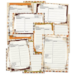 Rezeptkarten in Hoch- und Querformat mit Distressed-Rändern und Feldern für Prep Time, Cook Time und Rating