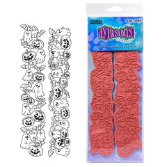 Dylusions Cling Stamps Halloween Borders in der Verpackung mit zwei langen roten Gummistempeln