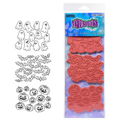 Dylusions Cling Stamps Halloween Backgrounds in der Verpackung mit drei roten Gummistempeln und Abdrücken