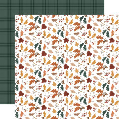 Designpapier mit Streumuster aus Eichenlaub, Kastanien und Ahornblättern auf Weiß / Rückseite: dunkelgrünes Karo