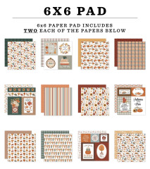 Übersicht aller 12 Bogen-Designs des 6x6 Paper Pads „Feels Like Fall” – u. a. Blätter, Kürbisse, Karo und Journaling-Karten
