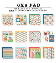 Alle 12 verschiedenen Designs des Freshly Picked Paper Pads in Übersicht, doppelseitig mit Früchte-, Gemüse- und Marktmotiven, Streifen und Karomuster in bunten Farben