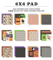 Übersicht aller 12 Bogen-Designs des 6x6 Paper Pads „Halloween Parade” – u. a. Rautenmuster, Spinnennetz, Geister, Kürbisse und Sterne