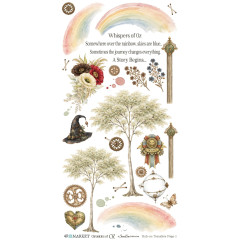 Rub-On-Bogen mit Pastell-Regenbögen, Bäumen, Hexenhut, Blumenstrauß und Zitaten wie A Story Begins