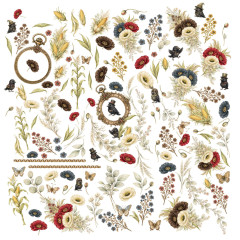 Laser-Cut-Bogen mit roten und blauen Mohnblumen, Maisstängeln, Schmetterlingen, Krähen und Taschenuhren