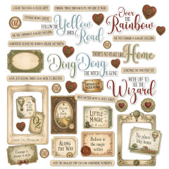 Alle 40 Chipboard-Teile: Yellow Brick Road, Over the Rainbow, Ding Dong, Rahmen, Herzen und OZ-Siegel