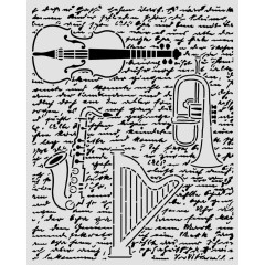 Stamperia Thick Stencil - Symphony - Violin, Trumpet, Harp by Sara Alcobendas
