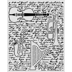 Stamperia Thick Stencil - Symphony - Violin, Trumpet, Harp by Sara Alcobendas
