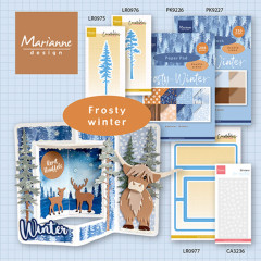 Übersicht der Frosty-Winter-Kollektion mit Baum- und Rahmen-Stanzschablonen und Beispielkarte