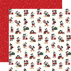 Designpapier mit Weihnachtsmotiven: Mickey-Maus in Rot mit Geschenken auf rotem Punktmuster-Hintergrund