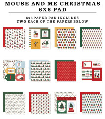 Übersichtsdarstellung aller 12 verschiedenen Motive des Paper Pads mit Weihnachtsthemen, Micky Maus Charakteren, Tannenbaum- und Weihnachtskugel-Designs, Streifen- und Karo-Muster in Rot, Grün und Creme