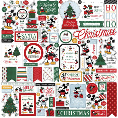 Ephemera und Chipboard Cut-Outs mit Mickey-Maus, Weihnachtsbäumen, Wörtern und festlichen Motiven in Rot, Grün und Weiß