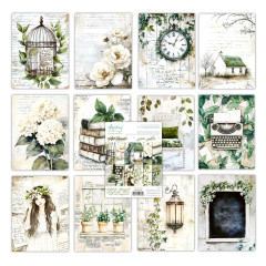 Alle 12 Einzelmotive des Green Gables Paper Pads: Vogelkäfig, Schreibmaschine, Bücherstapel, Cottage, Laterne und Mädchenportrait.