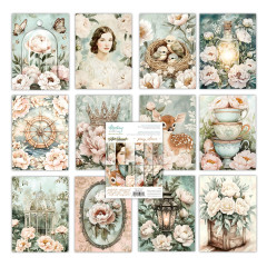 Alle 12 Einzelmotive des Peony Silence Paper Pads: Glassturz mit Pfingstrosen, Portrait, Vogelnest, Reh, Teetassen und Vogelkäfig.