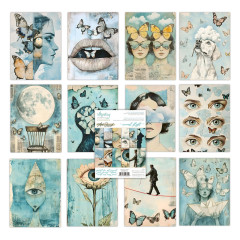 Alle 12 Einzelmotive des Surreal Flight Paper Pads: Auge, Lippen, Mond, Seiltänzer und Frauenportraits mit Schmetterlingen in Blau.