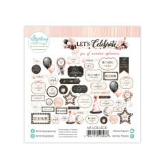 Alle 48 Ephemera-Teile ausgebreitet: Ballons, Rosetten, Sterne, Partyhut und Sprüche wie Birthday Wishes und Let's Party