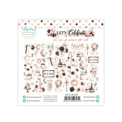 Alle 60 Die-Cuts ausgebreitet: Sterne, Schleifen, Discokugeln, Torten, Rosen, Wimpelkette und Celebrate-Schilder
