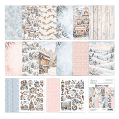 Alle Designs des 6x8 Add-On Pads Snowberry Lane: Winterhäuser, Girlanden, Strickmuster, Holz und Ausschneidebögen