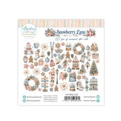 Alle 60 Die-Cuts ausgebreitet: Schneemann, Lebkuchen, Kränze, Laterne, Schlitten, Ski, Schlittschuhe und Weihnachtsmann