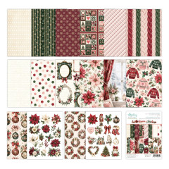 Alle 16 Papierbögen des Sets ausgebreitet, dazu weihnachtliche Sticker mit Weihnachtssternen und Kränzen.