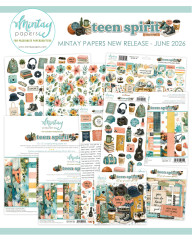 Übersicht der kompletten Mintay Teen Spirit Kollektion mit Stickern, Chipboard-Ephemera, 12x12 Paper Pad und Add-on-Elementen.