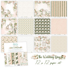 Zwölf Papierbögen des 12x12 Sets im Raster, u. a. mit Brautpaar-Motiv, Spitzen- und Blumendesigns.