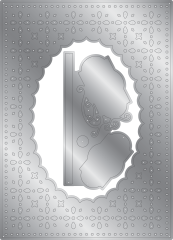 Die Metall-Stanzteile des Spalier-Rahmens mit filigranem Blütenmuster und dem separaten Hinweisschild-Element, freigestellt.