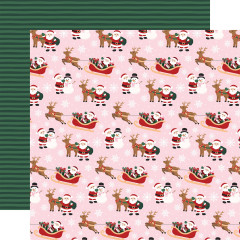 Designpapier mit Santa, Schneemann und Rentierschlitten auf Rosa / Rückseite: grünes Streifenmuster