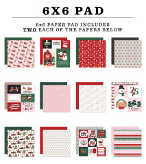 Übersicht aller 12 Bogen-Designs des 6x6 Paper Pads „North Pole Christmas” – u. a. Santa-Schlitten, Geschenke, Karo und Journaling-Karten