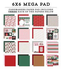 Übersicht aller 16 Bogen-Designs des 6x6 Cardmakers Mega Pads „North Pole Christmas” – u. a. Santa-Schlitten, Karo, Schneeflocken und Journaling-Karten
