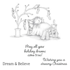 Unkolorierter Stempelabdruck von Mudpie im Bett unter dem Strumpf-Baum mit Spruch „May all your holiday dreams come true!“