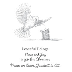 Unkolorierter Stempelabdruck von Monica und der Friedenstaube mit Sprüchen wie „Peaceful Tidings“