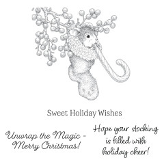 Unkolorierter Stempelabdruck von Maxwell mit Zuckerstange sowie den Sprüchen „Sweet Holiday Wishes“ und weiteren Grußtexten
