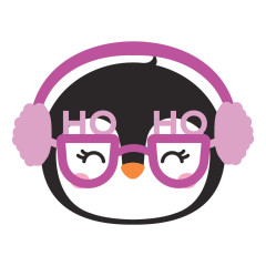 Zusammengesetzter Pinguinkopf mit rosa Ohrenschützern und lila Brille als Einzelmotiv