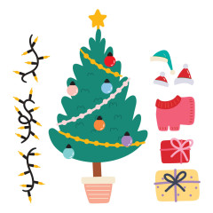 Nahaufnahme der Zubehör-Stanzformen: geschmückter Weihnachtsbaum, Lichterketten, Mützen, roter Pullover und Geschenke.