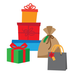 Weitere Farbvariante der Gestaltungselemente: gestapelte Geschenkboxen in Orange/Rot/Blau, grünes Geschenk, Sack und graue Tragetasche.