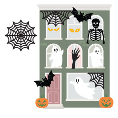 Gestanzte Halloween Motive wie Spinnennetz, Geister und Skelett auf grünem Hintergrund