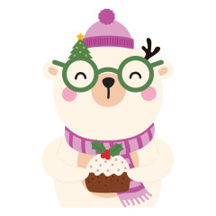 Zusammengesetzte Eisbären-Figur mit lila Mütze, grüner Brille und Plumpudding als Einzelmotiv