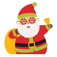 Zusammengesetzte Weihnachtsmann-Figur mit Brille, Geschenkesack und Glocke als Einzelmotiv