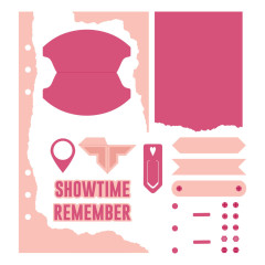 Unbedruckte Umrisse aller Einzelteile in Rosa: Banner, Anhänger, Herz, Pin-Symbol und "Showtime/Remember"-Schriftzüge